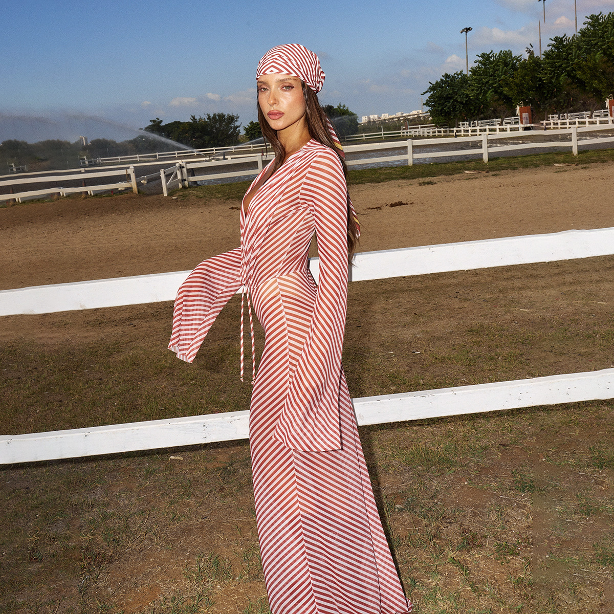 Fashion Chiffon Stripe 1Pcs Cover Ups Bikini Maxi Dress Womens Bathing Suit